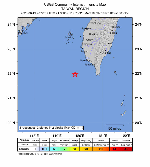 USGS DYFI community-reported intensity map for the M4.9 earthquake near 88 km SW of Donggang, Taiwan