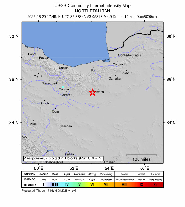 USGS DYFI community-reported intensity map for the M4.9 earthquake near 38 km WSW of Semnan, Iran