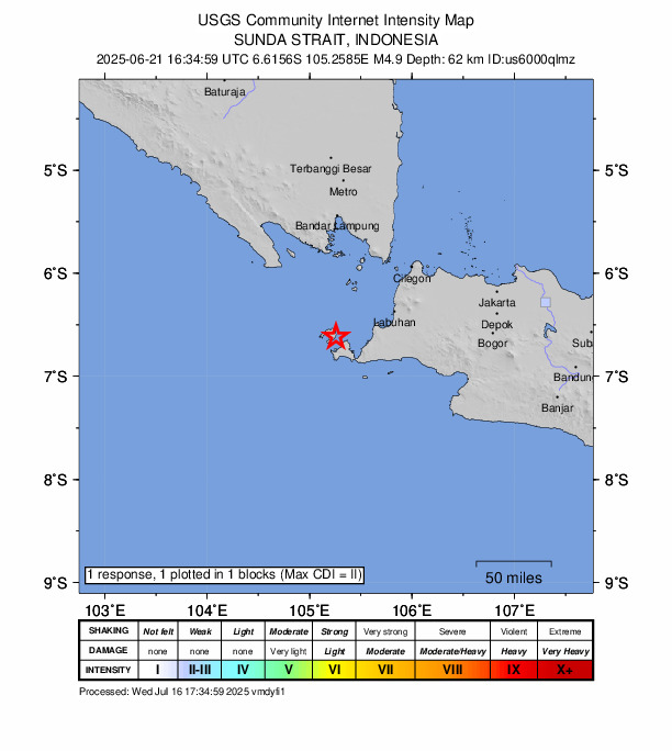USGS DYFI community-reported intensity map for the M4.9 earthquake near 68 km WSW of Labuan, Indonesia