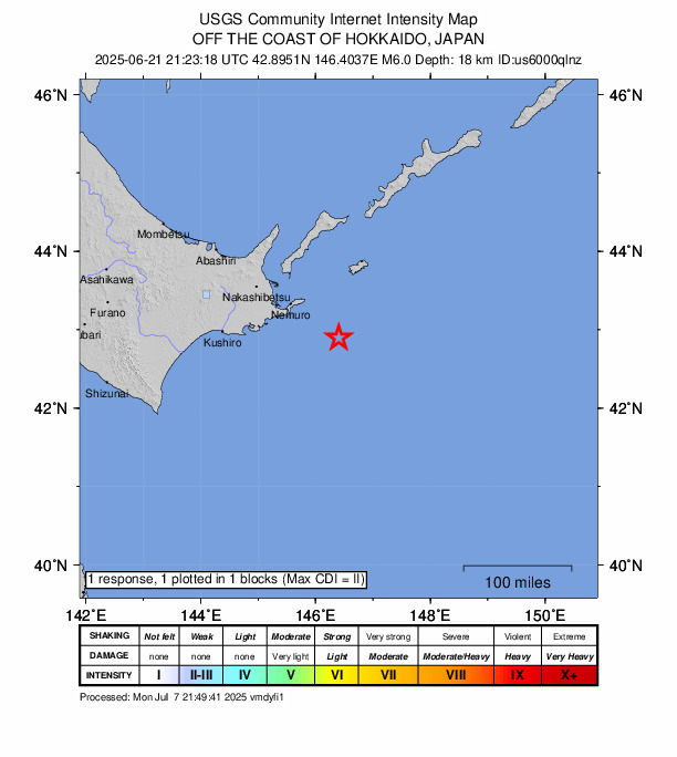 USGS DYFI community-reported intensity map for the M6.0 earthquake near 82 km SE of Nemuro, Japan