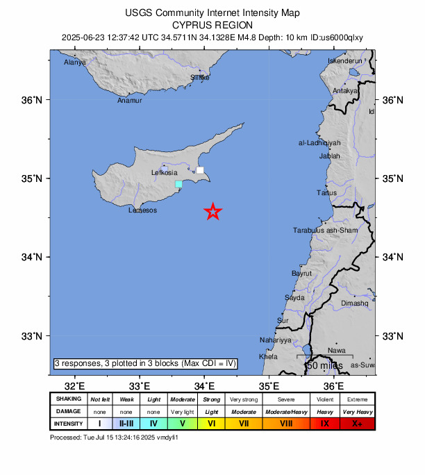 USGS DYFI community-reported intensity map for the M4.8 earthquake near 47 km SSE of Ayia Napa, Cyprus