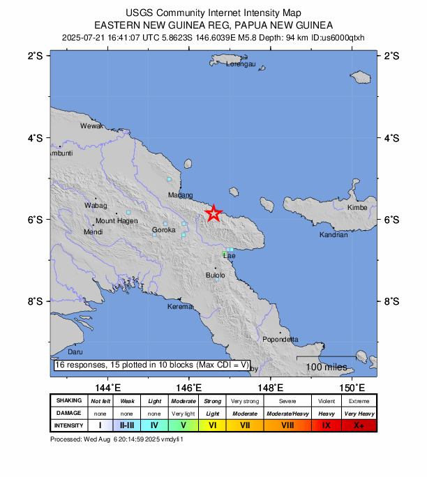 USGS DYFI community-reported intensity map for the M5.8 earthquake near 94 km ENE of Kainantu, Papua New Guinea