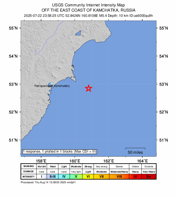 USGS DYFI community-reported intensity map for the M5.4 earthquake near 149 km E of Petropavlovsk-Kamchatsky, Russia