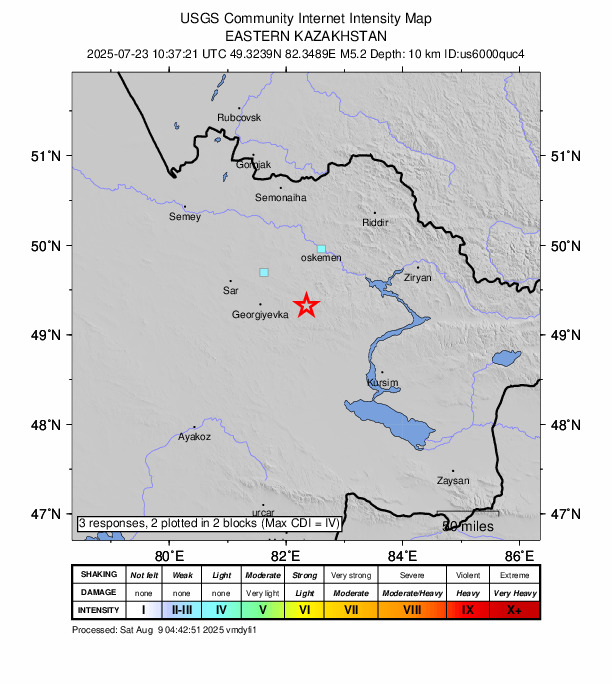 USGS DYFI community-reported intensity map for the M5.2 earthquake near 52 km WSW of Asubulak, Kazakhstan