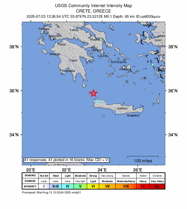USGS DYFI community-reported intensity map for the M5.1 earthquake near 44 km NNW of Kolympári, Greece