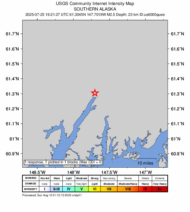 USGS DYFI community-reported intensity map for the M2.4 earthquake near 52 km S of Glacier View, Alaska