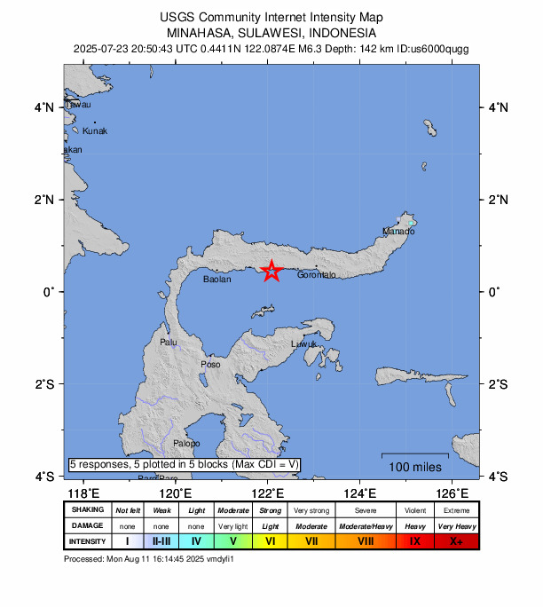 USGS DYFI community-reported intensity map for the M6.3 earthquake near 109 km W of Gorontalo, Indonesia