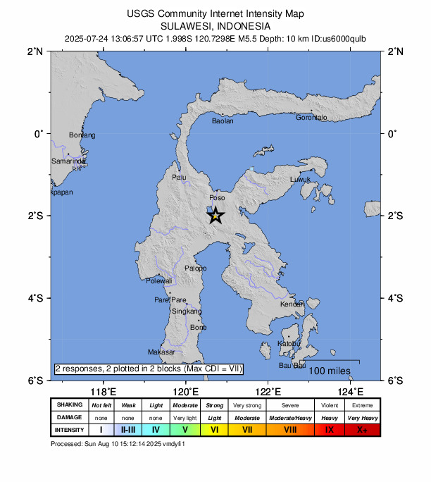 USGS DYFI community-reported intensity map for the M5.5 earthquake near 64 km S of Poso, Indonesia