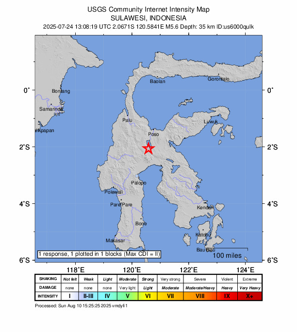 USGS DYFI community-reported intensity map for the M5.6 earthquake near 69 km NNE of Masamba, Indonesia