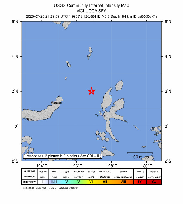 USGS DYFI community-reported intensity map for the M5.8 earthquake near 130 km WNW of Tobelo, Indonesia