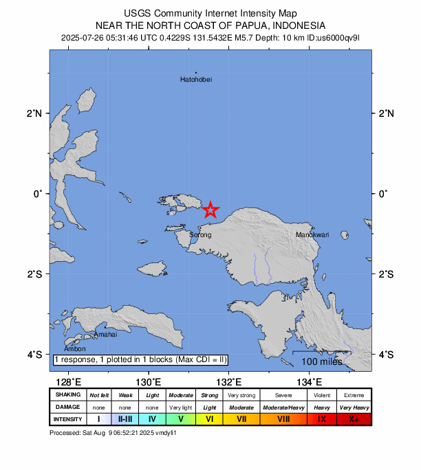 USGS DYFI community-reported intensity map for the M5.6 earthquake near 61 km NNE of Sorong, Indonesia