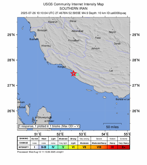 USGS DYFI community-reported intensity map for the M4.9 earthquake near 30 km WSW of Mohr, Iran
