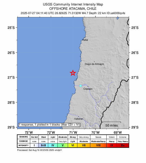 USGS DYFI community-reported intensity map for the M4.7 earthquake near 90 km NW of Copiapó, Chile