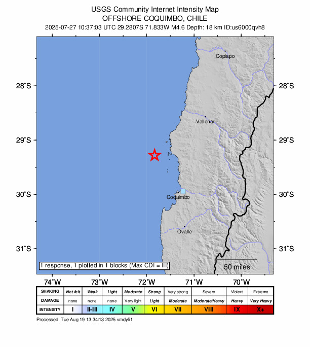 USGS DYFI community-reported intensity map for the M4.6 earthquake near 88 km NNW of Coquimbo, Chile