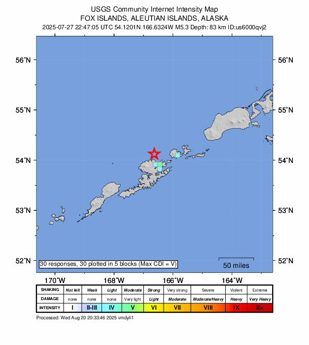 USGS DYFI community-reported intensity map for the M5.3 earthquake near 23 km N of Dutch Harbor, Alaska