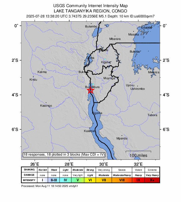 USGS DYFI community-reported intensity map for the M5.2 earthquake near 33 km NW of Rumonge, Burundi