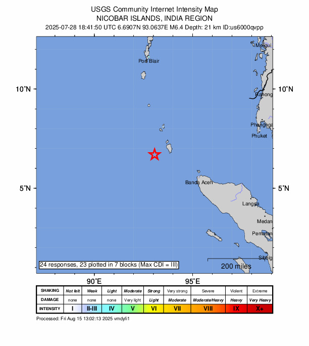 USGS DYFI community-reported intensity map for the M6.4 earthquake near 264 km WNW of Sabang, Indonesia