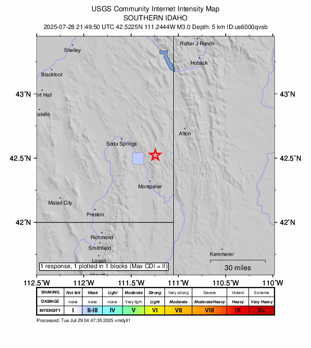 USGS DYFI community-reported intensity map for the M3.0 earthquake near 11 km ENE of Georgetown, Idaho