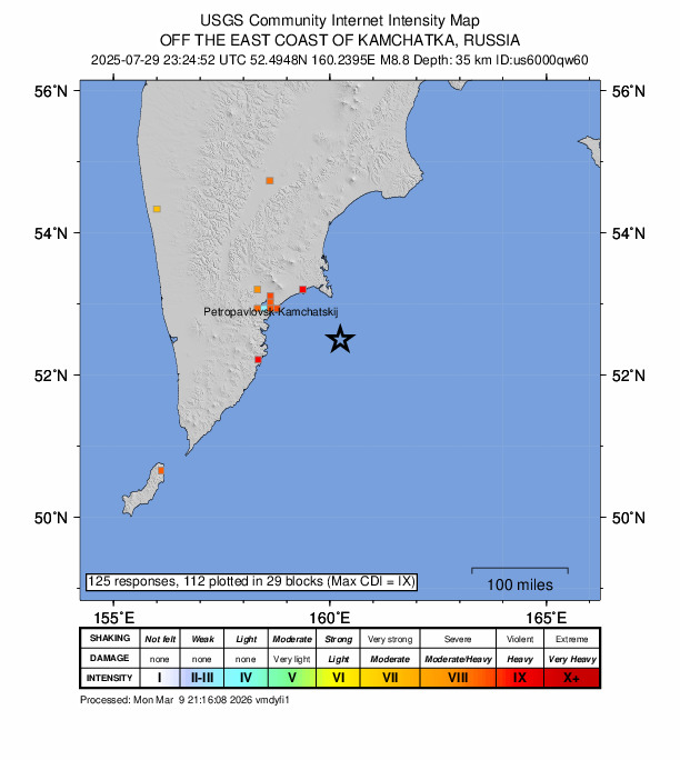 USGS DYFI community-reported intensity map for the M8.8 earthquake near 2025 Kamchatka Peninsula, Russia Earthquake