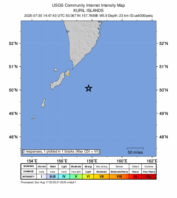 USGS DYFI community-reported intensity map for the M5.9 earthquake near 135 km ESE of Severo-Kuril’sk, Russia