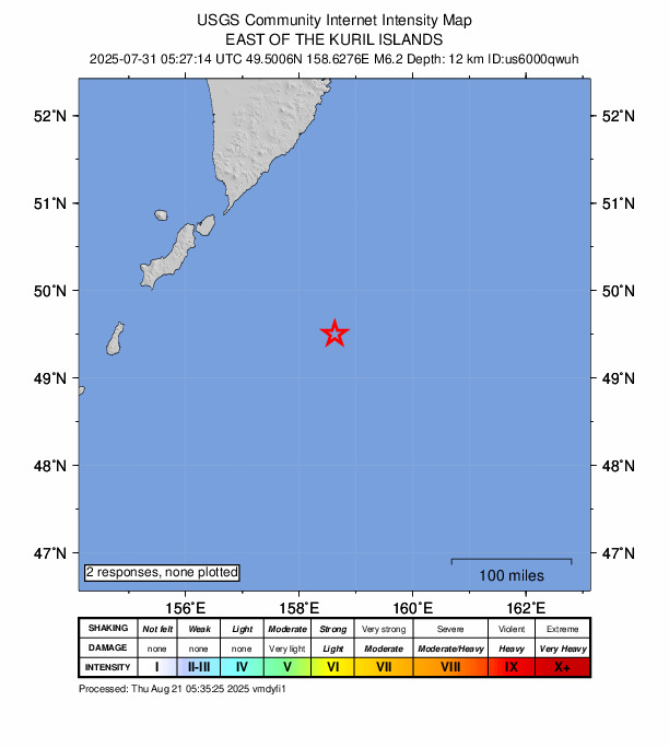 USGS DYFI community-reported intensity map for the M6.2 earthquake near 222 km SE of Severo-Kuril’sk, Russia