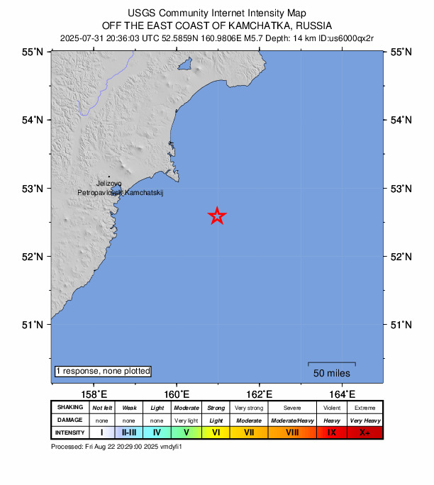 USGS DYFI community-reported intensity map for the M5.7 earthquake near 167 km ESE of Petropavlovsk-Kamchatsky, Russia