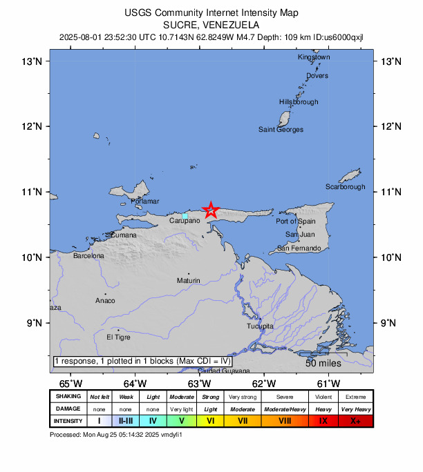 USGS DYFI community-reported intensity map for the M4.7 earthquake near 16 km N of Yaguaraparo, Venezuela
