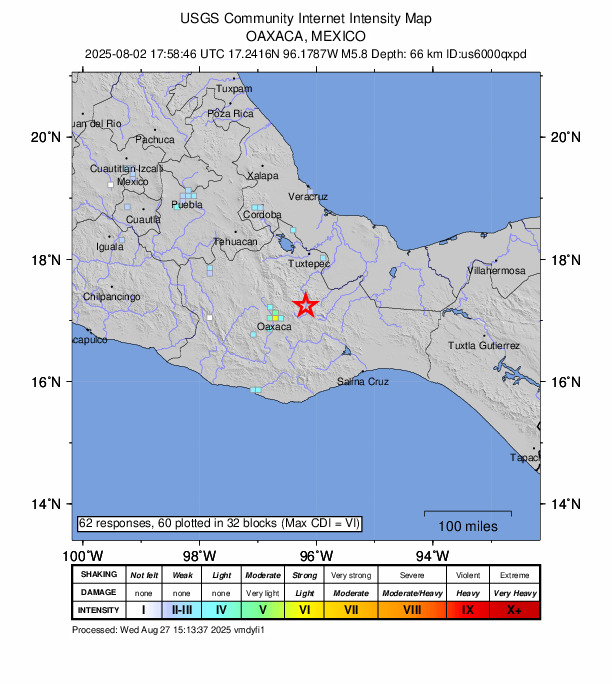 USGS DYFI community-reported intensity map for the M5.8 earthquake near 4 km S of Xagacía, Mexico