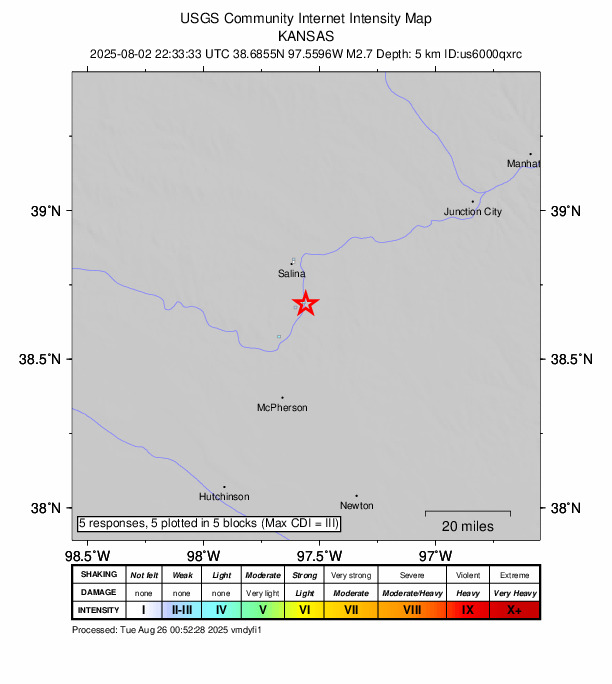 USGS DYFI community-reported intensity map for the M2.7 earthquake near 3 km E of Assaria, Kansas