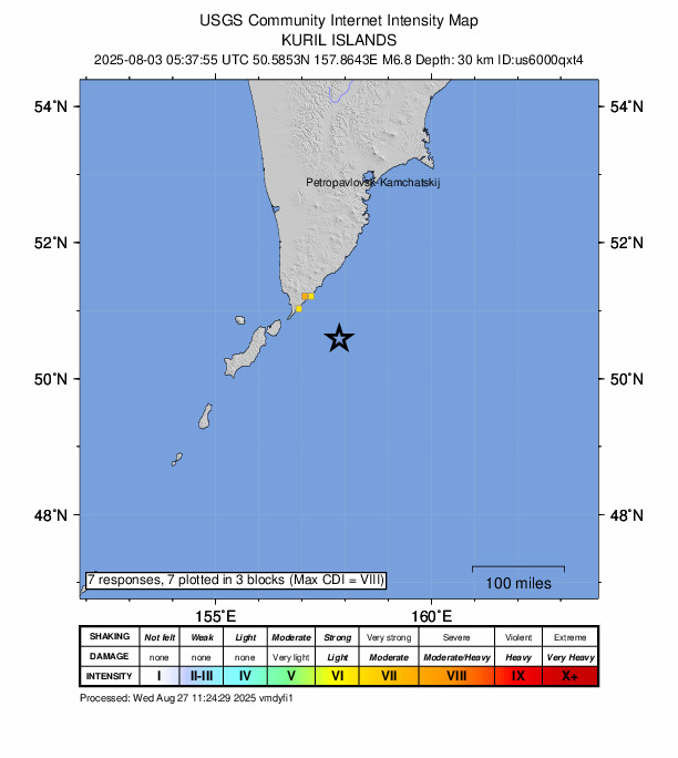 USGS DYFI community-reported intensity map for the M6.8 earthquake near 123 km E of Severo-Kuril’sk, Russia