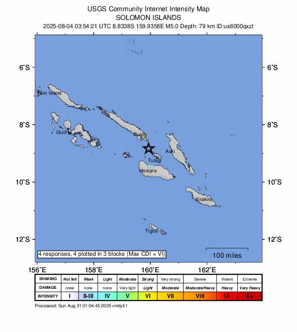 USGS DYFI community-reported intensity map for the M5.0 earthquake near 40 km NW of Tulagi, Solomon Islands