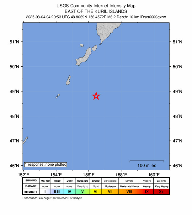 USGS DYFI community-reported intensity map for the M6.2 earthquake near 202 km S of Severo-Kuril’sk, Russia