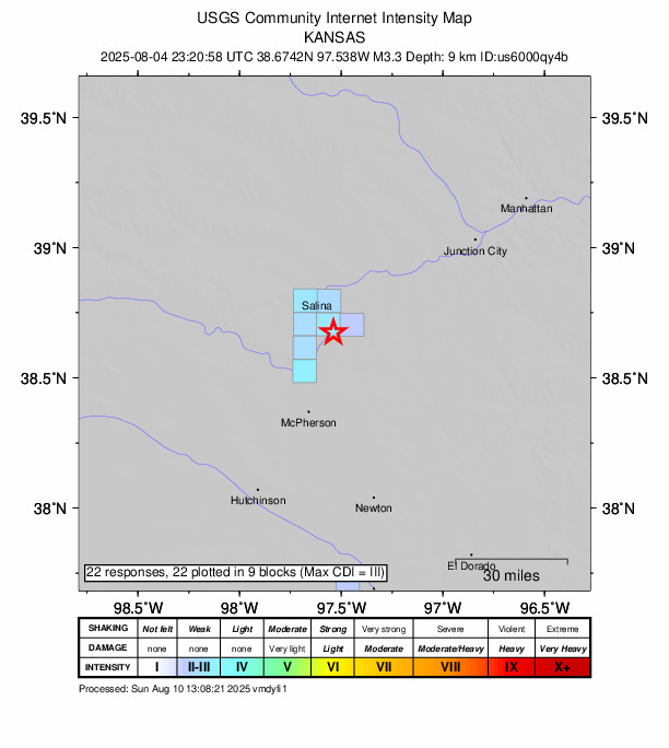 USGS DYFI community-reported intensity map for the M3.3 earthquake near 5 km E of Assaria, Kansas