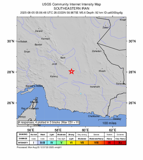 USGS DYFI community-reported intensity map for the M5.6 earthquake near 131 km SSE of Bam, Iran