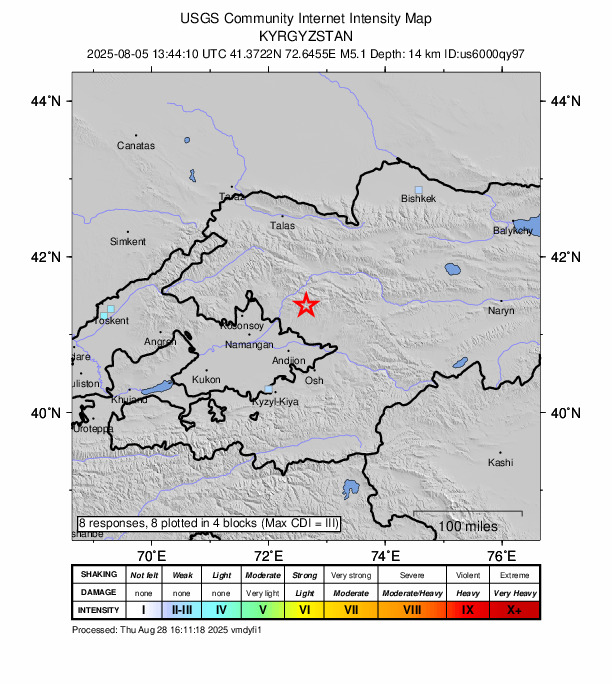 USGS DYFI community-reported intensity map for the M5.1 earthquake near 33 km N of Massy, Kyrgyzstan