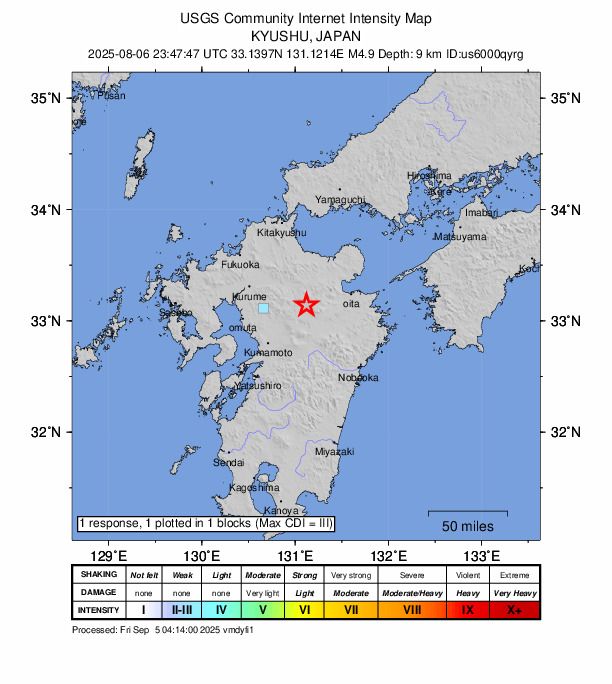 USGS DYFI community-reported intensity map for the M4.9 earthquake near 15 km SSW of Tsukawaki, Japan