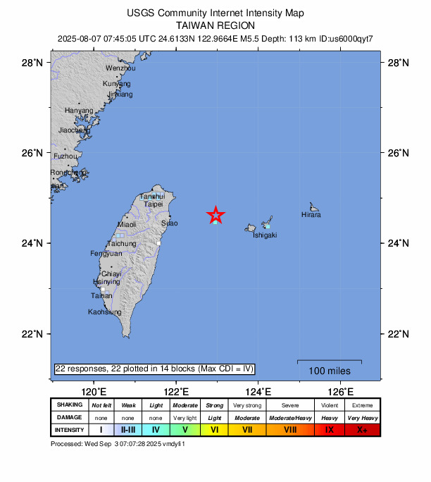 USGS DYFI community-reported intensity map for the M5.5 earthquake near 16 km NNW of Yonakuni, Japan