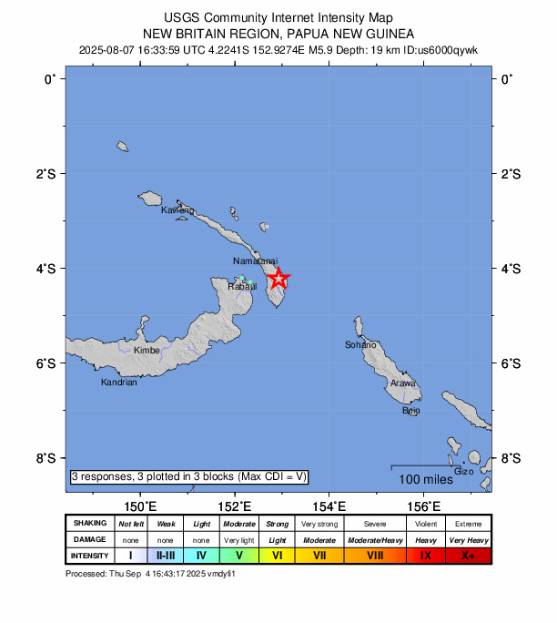 USGS DYFI community-reported intensity map for the M5.9 earthquake near 74 km E of Kokopo, Papua New Guinea