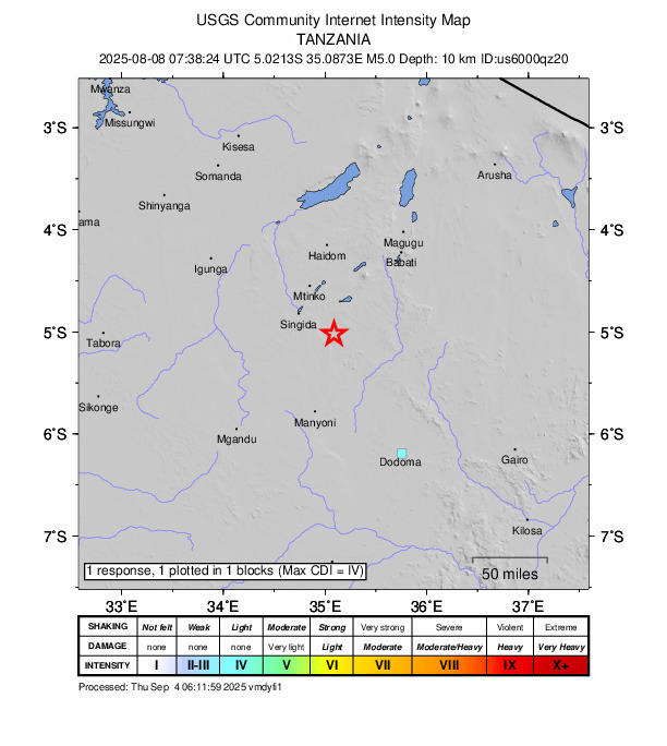 USGS DYFI community-reported intensity map for the M5.0 earthquake near 24 km E of Mungaa, Tanzania