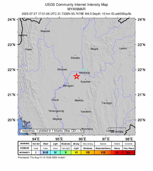 USGS DYFI community-reported intensity map for the M4.0 earthquake near 28 km SW of Sagaing, Burma (Myanmar)