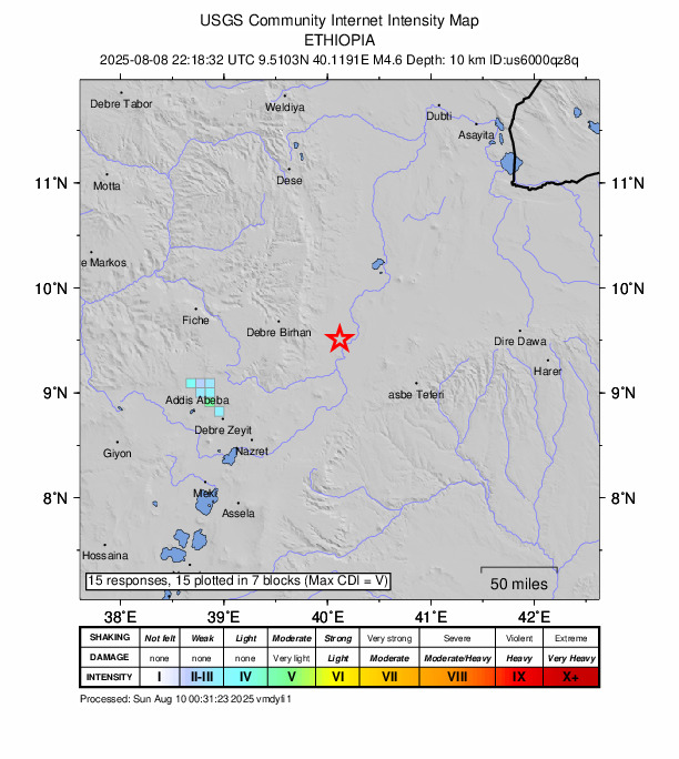 USGS DYFI community-reported intensity map for the M4.6 earthquake near 47 km N of Āwash, Ethiopia