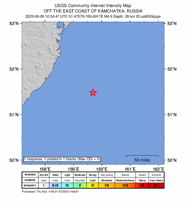 USGS DYFI community-reported intensity map for the M4.9 earthquake near 184 km SSE of Vilyuchinsk, Russia