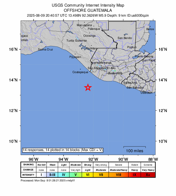USGS DYFI community-reported intensity map for the M5.9 earthquake near 104 km SSW of Champerico, Guatemala