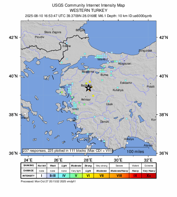 USGS DYFI community-reported intensity map for the M6.1 earthquake near 10 km WSW of Bigadiç, Turkey
