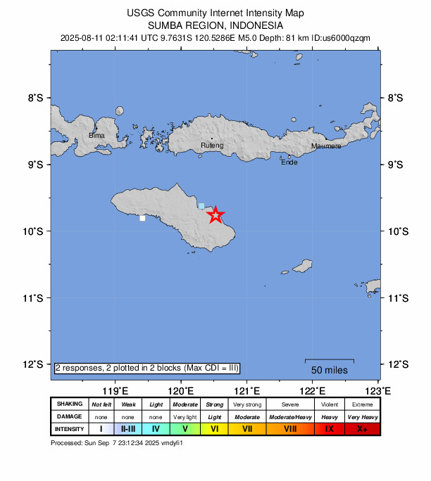 USGS DYFI community-reported intensity map for the M5.0 earthquake near 31 km ESE of Waingapu, Indonesia