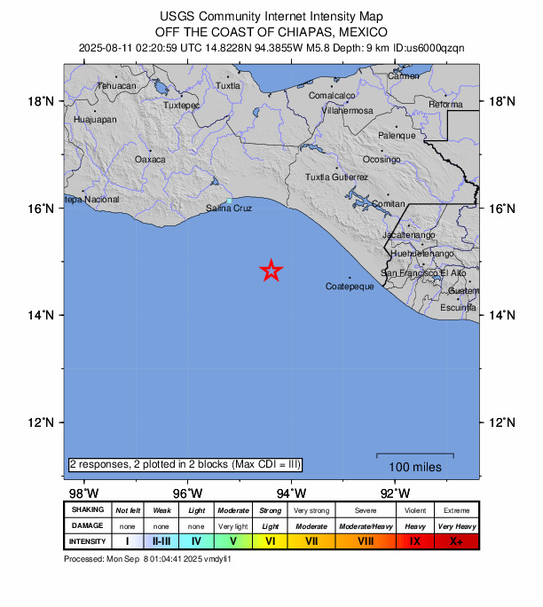 USGS DYFI community-reported intensity map for the M5.8 earthquake near 138 km SW of Manuel Ávila Camacho (Ponte Duro), Mexico