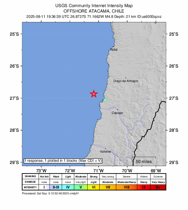 USGS DYFI community-reported intensity map for the M4.8 earthquake near 99 km WNW of Copiapó, Chile