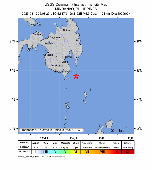 USGS DYFI community-reported intensity map for the M5.3 earthquake near 67 km SE of Caburan, Philippines