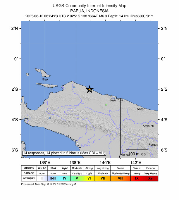 USGS DYFI community-reported intensity map for the M6.3 earthquake near 195 km WNW of Abepura, Indonesia