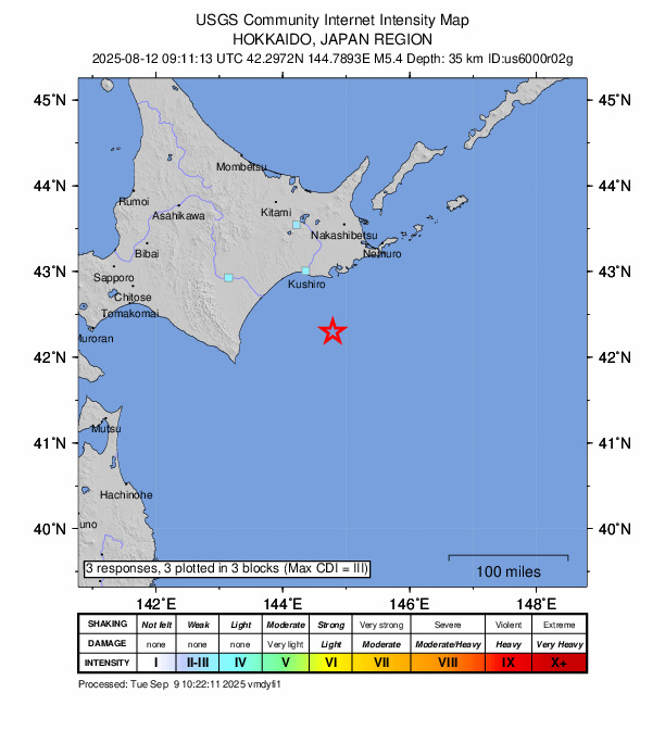 USGS DYFI community-reported intensity map for the M5.4 earthquake near 82 km S of Akkeshi, Japan